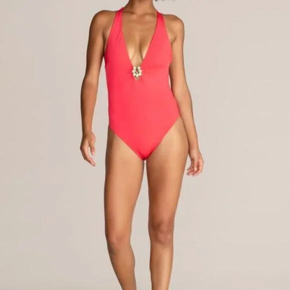 💕TRINA TURK💕 Bijou Solids V-Plunge Plus One Piece Swimsuit Poppy Coral 20W